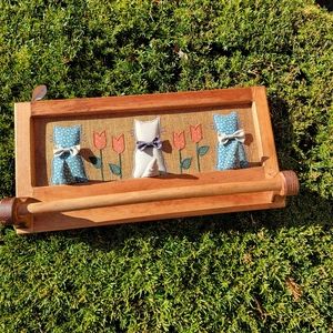 Wooden Vintage Quilted Country/Cottage Cat and Burlap Towel Rack/Organizer
